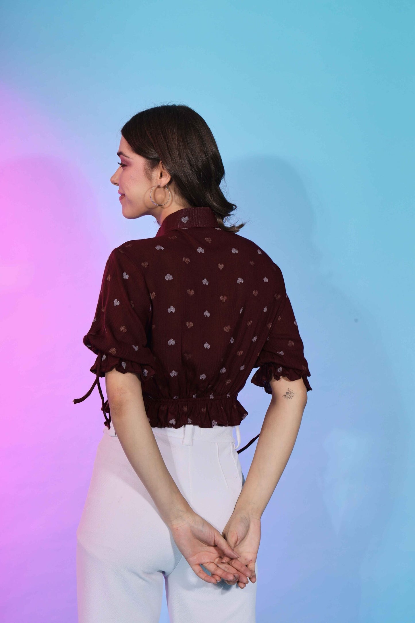 Stylish Maroon Viscose Rayon Self Design Collar Pattern Top