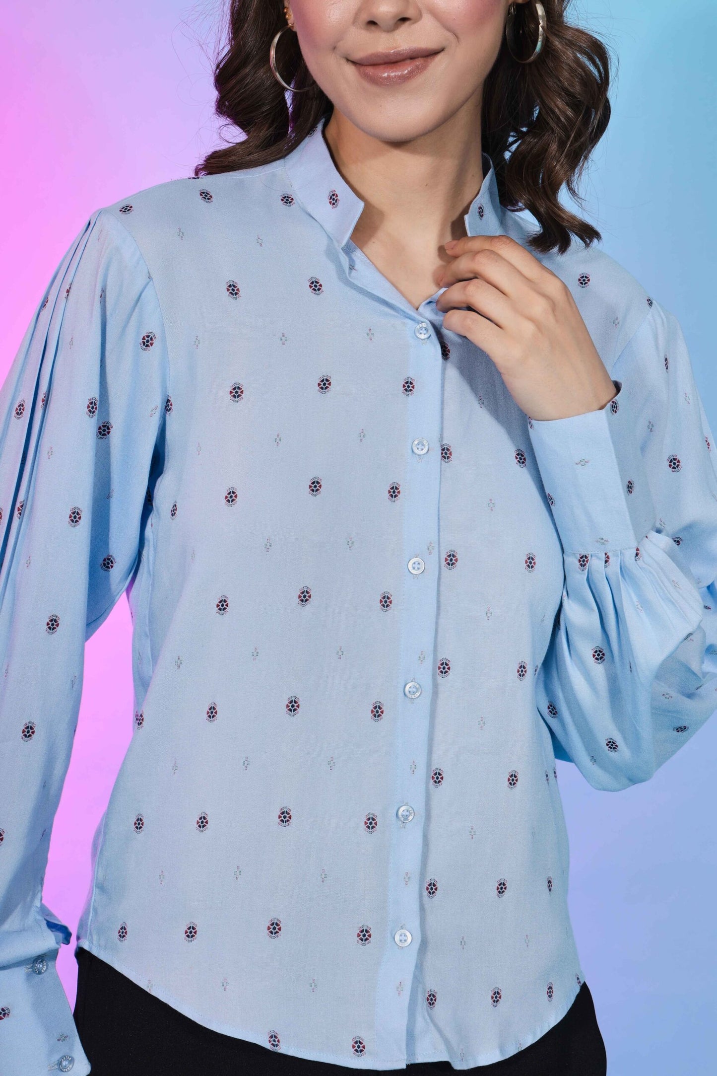 Cute Sky Blue Viscose Rayon Self Design Collar Pattern Top Collection