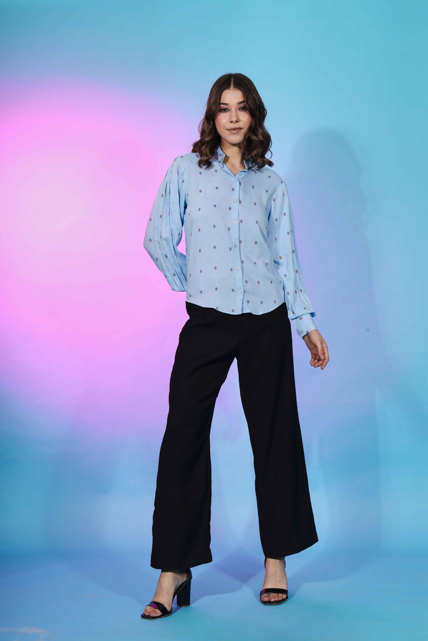 Cute Sky Blue Viscose Rayon Self Design Collar Pattern Top Collection