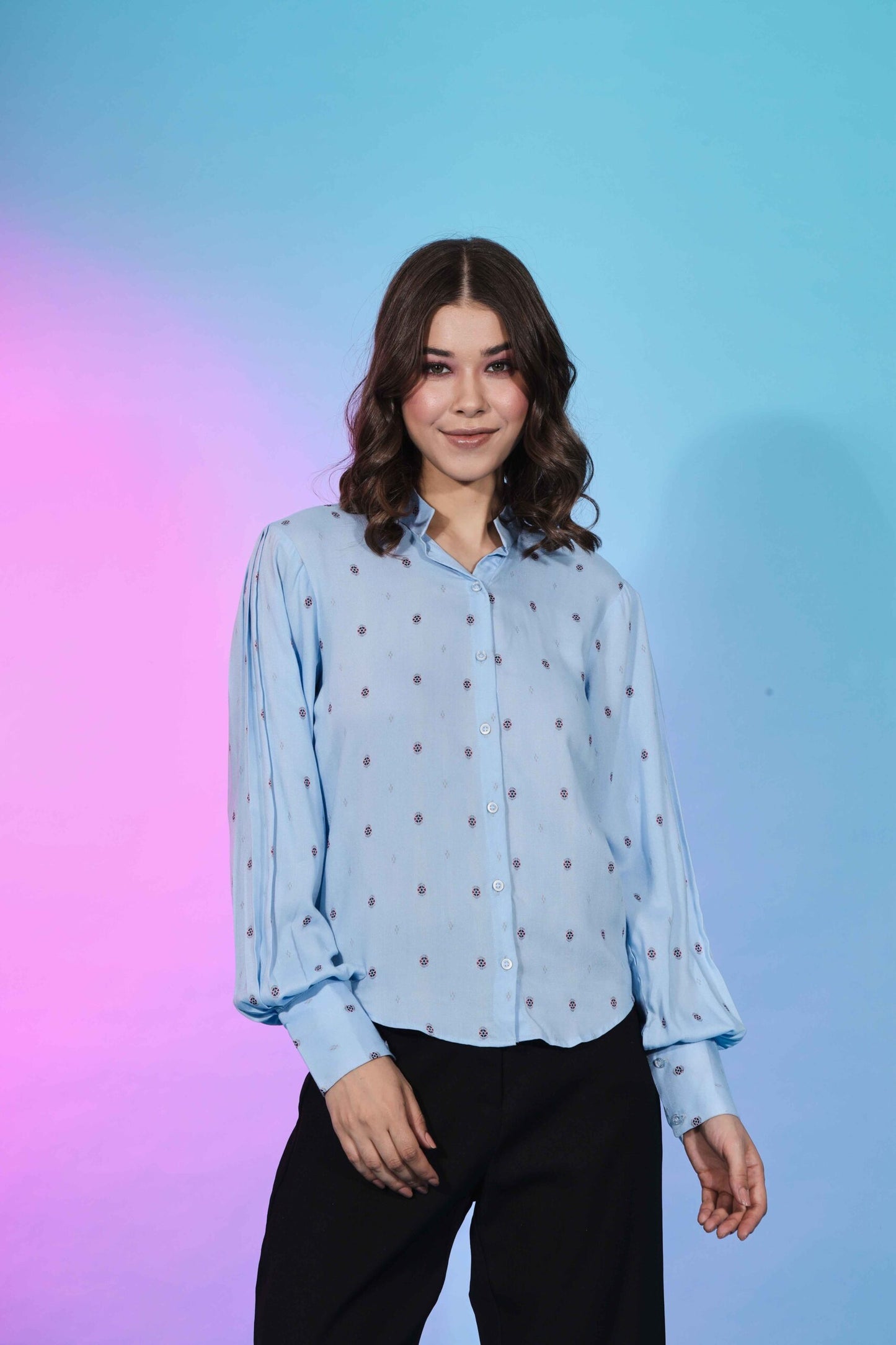 Cute Sky Blue Viscose Rayon Self Design Collar Pattern Top Collection