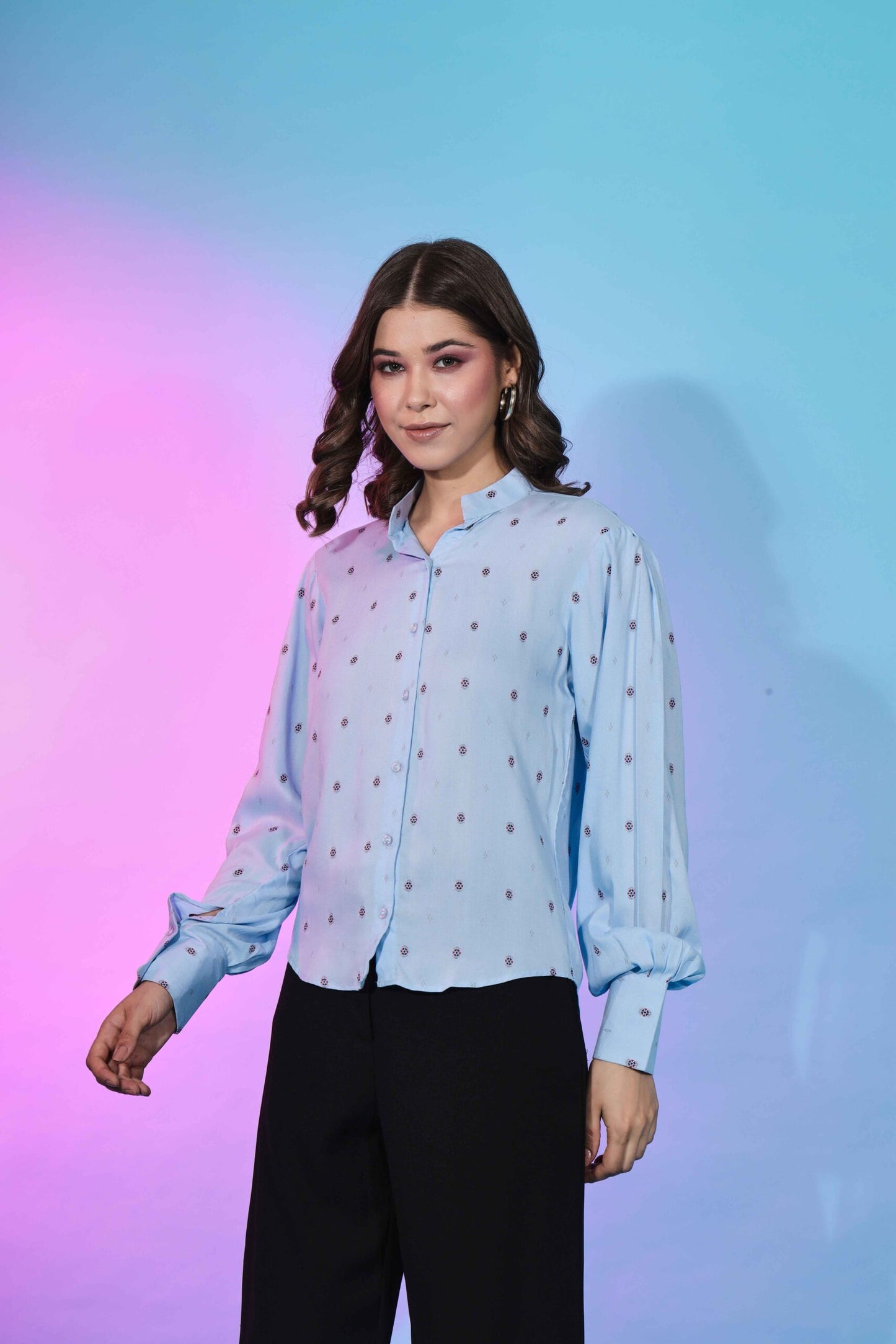 Cute Sky Blue Viscose Rayon Self Design Collar Pattern Top Collection