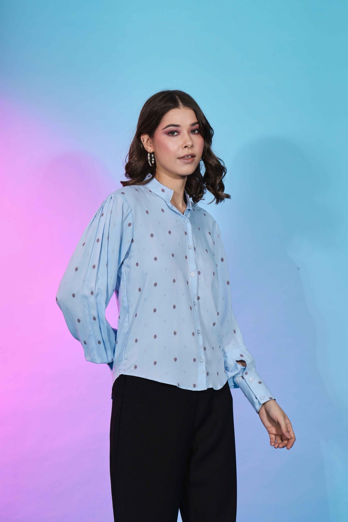 Cute Sky Blue Viscose Rayon Self Design Collar Pattern Top Collection