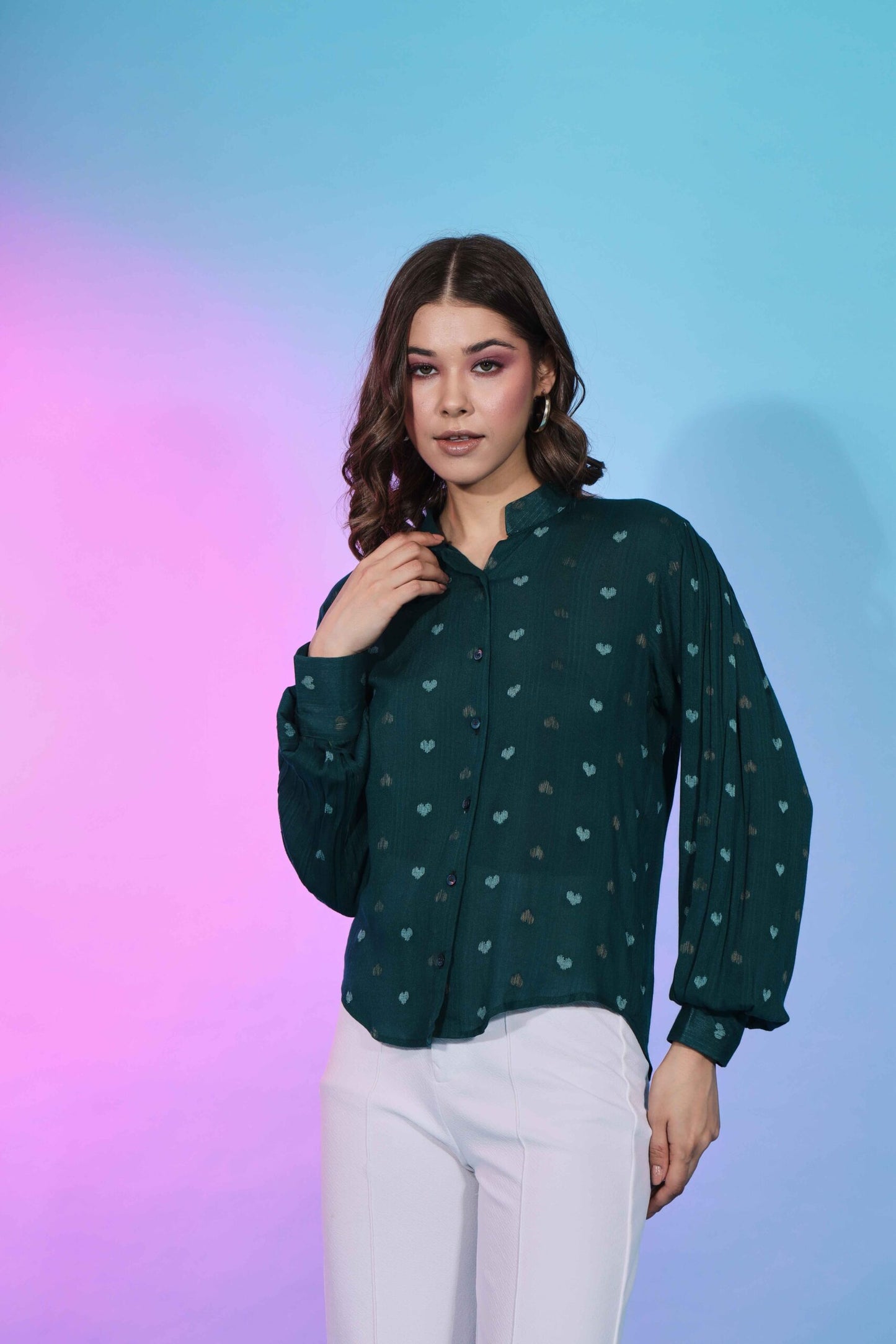 Western Style Green Viscose Rayon Self Design Collar Pattern Top