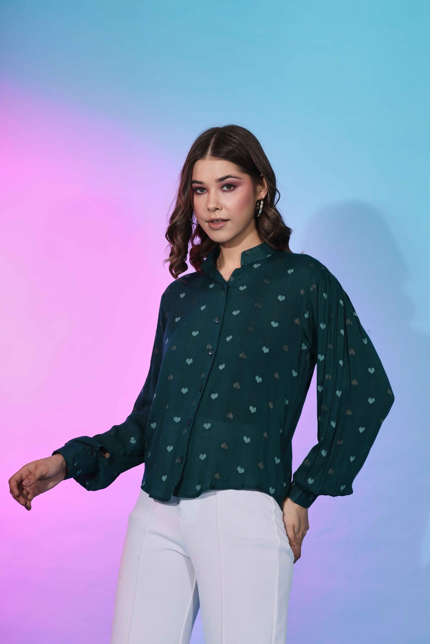 Western Style Green Viscose Rayon Self Design Collar Pattern Top