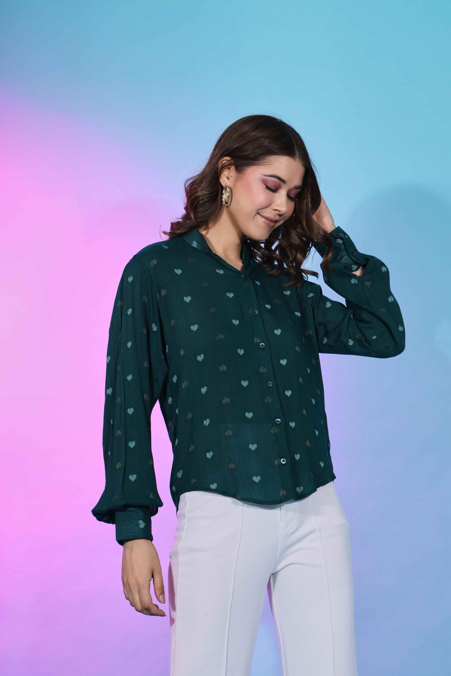 Western Style Green Viscose Rayon Self Design Collar Pattern Top