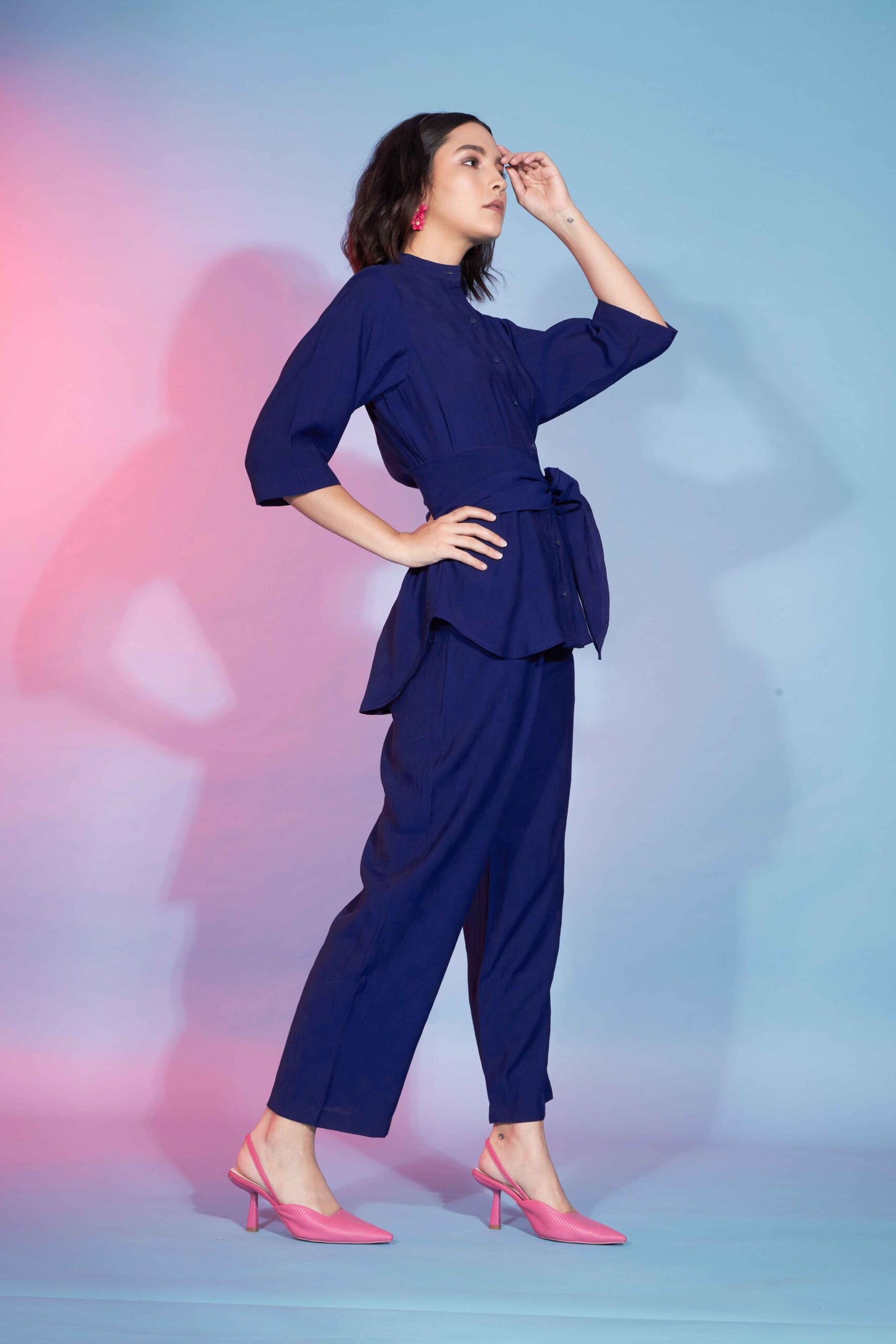 Navy Blue Viscose Rayon Self Design Stitched Co-Ords Set Collection-SUCOD-01