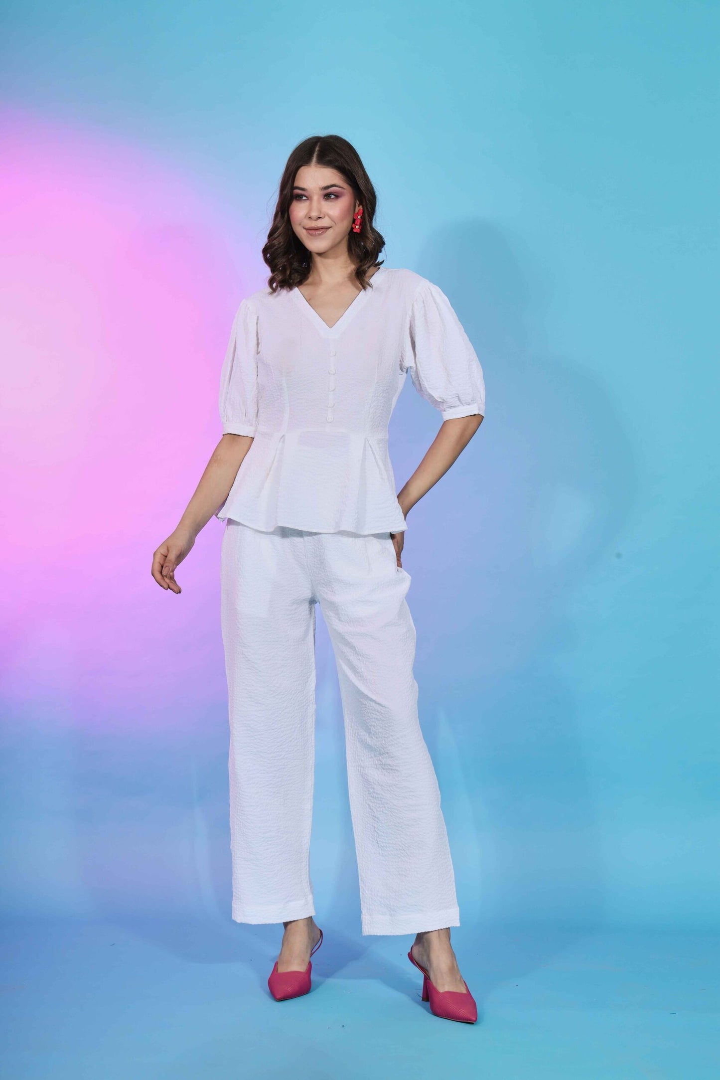 Stylish Fancy Wear White Self Design Work Co-Ord Collection-SUCOD-01