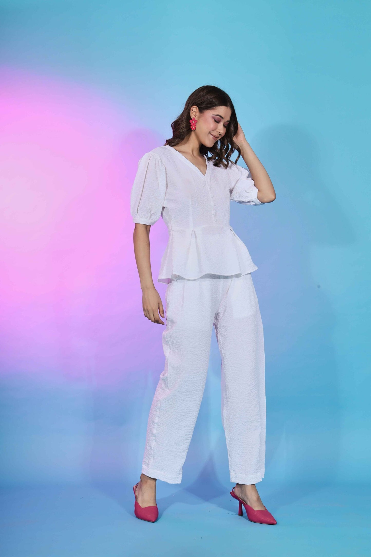 Stylish Fancy Wear White Self Design Work Co-Ord Collection-SUCOD-01