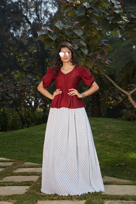 Exclusive Maroon And White Color Crop-Top Skirt Collection