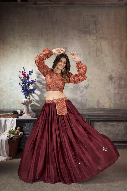 Maroon Art Silk Thread With Sequins Embroidered Crop-Top Skirt