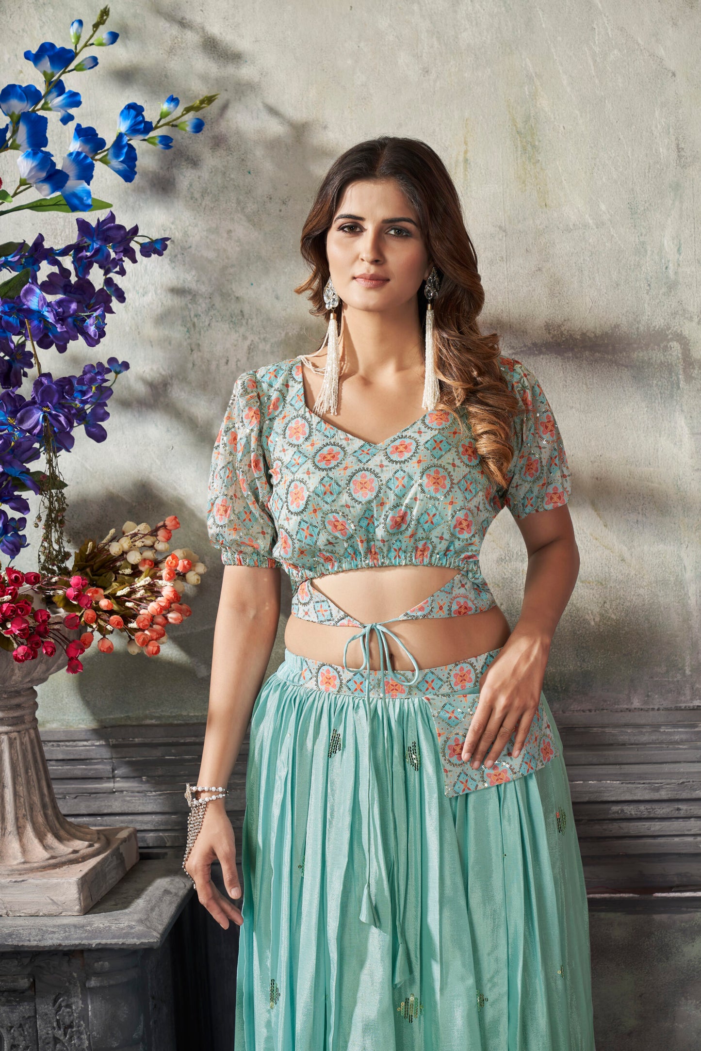 Sea Green Art Silk Thread With Sequins Embroidered Crop-Top Skirt