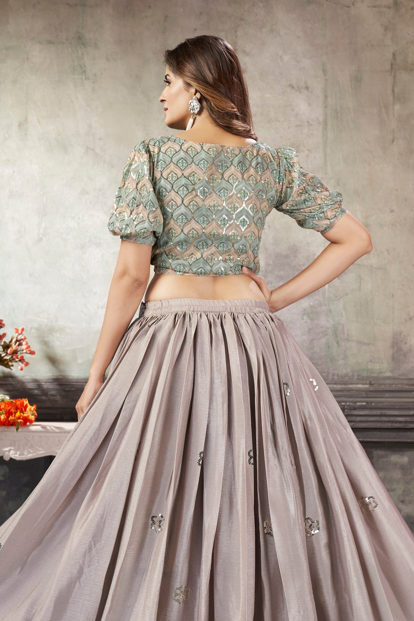 Beige Art Silk Thread With Sequins Embroidered Crop-Top Skirt