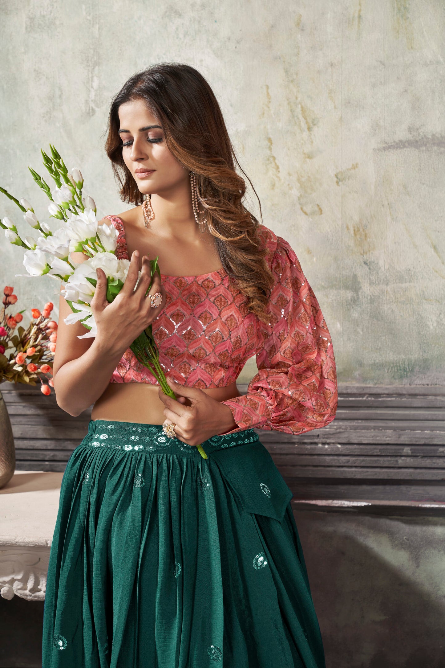 Green Art Silk Thread With Sequins Embroidered Crop-Top Skirt