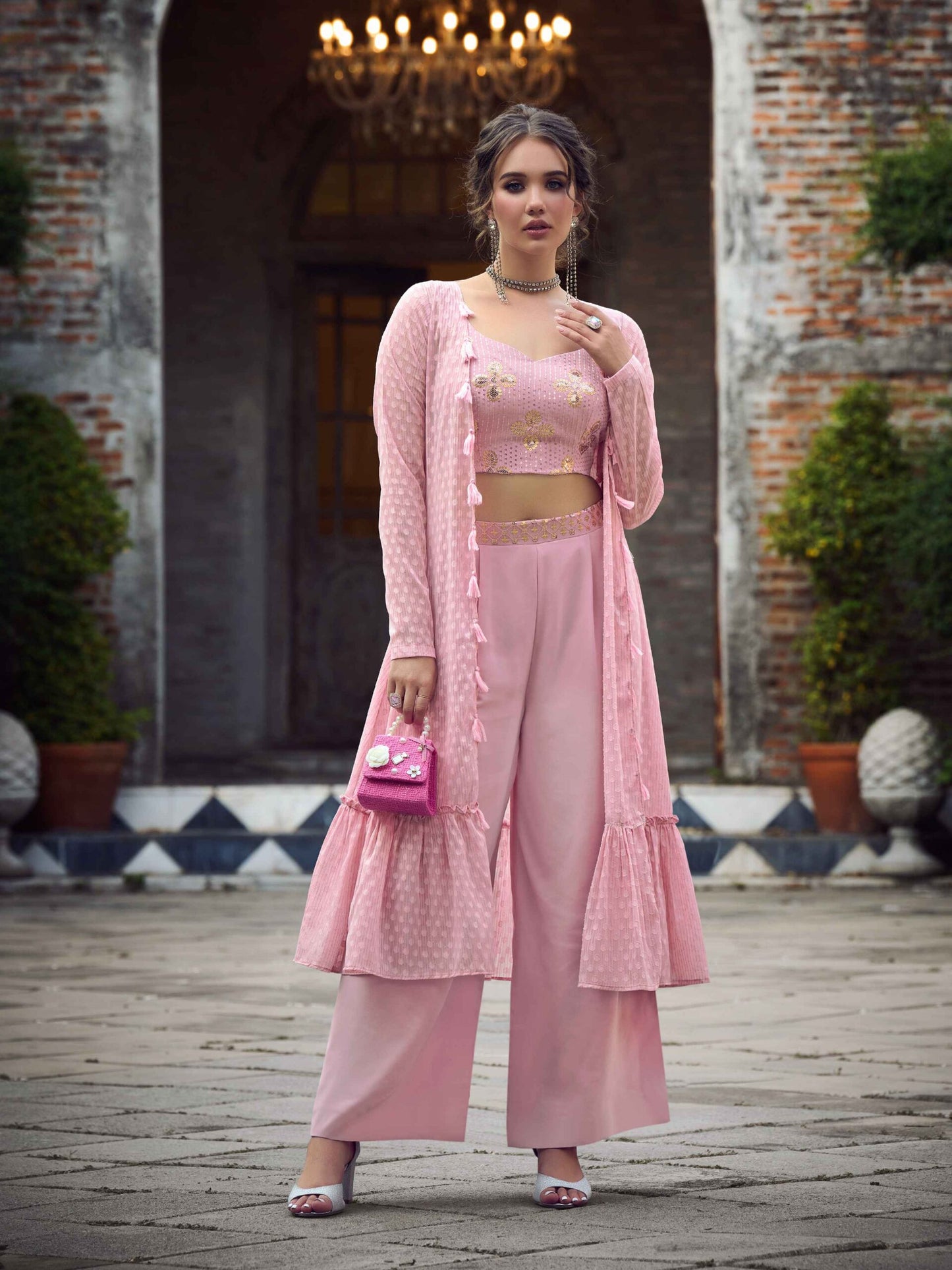 Dusty Pink Self Weaving Design Georgette Three Piece Co-Ord Set