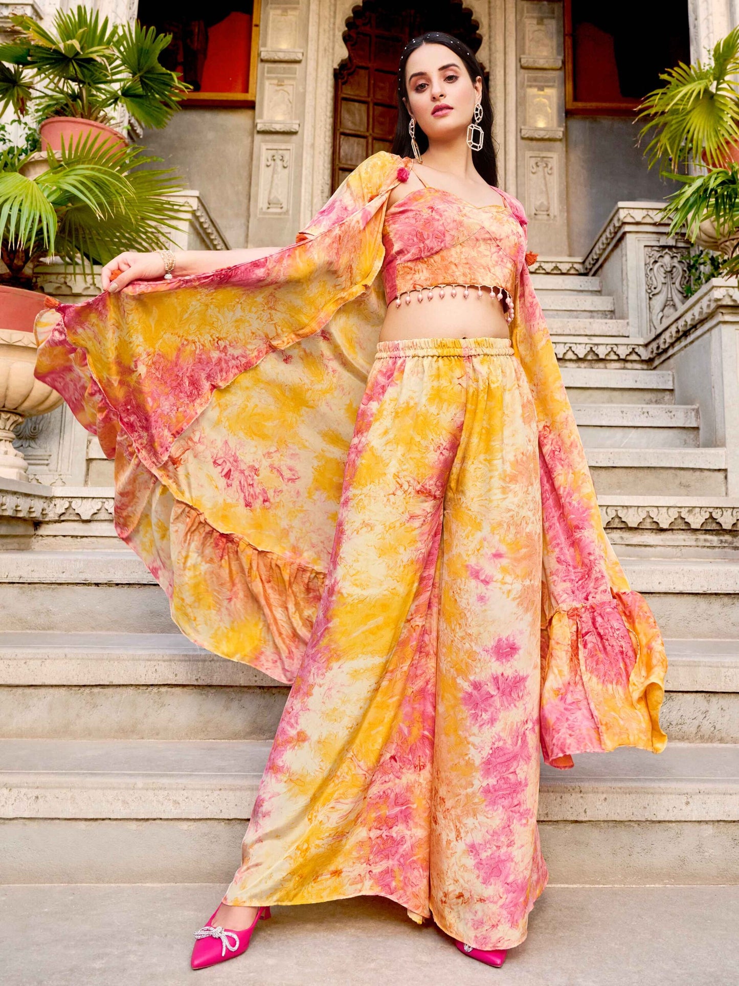 Yellow Silk Print Work Three Piece Co-Ord Set