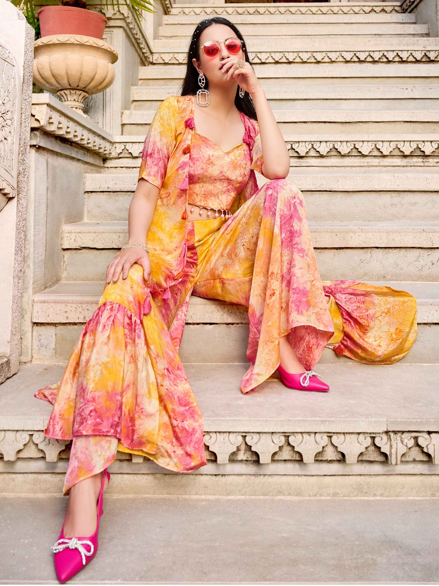 Yellow Silk Print Work Three Piece Co-Ord Set