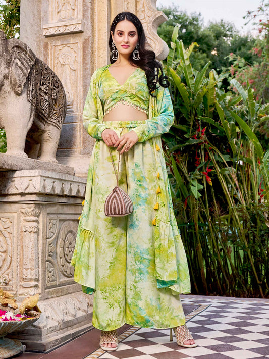 Floracance Green Silk Print Work Three Piece Co-Ord Set