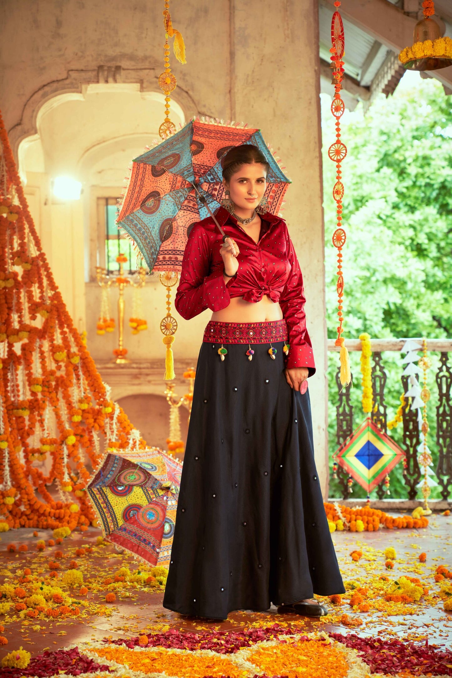 Maroon Gajji Silk Prined Work Navratri Crop-Top Skirt-SSBIKLL01