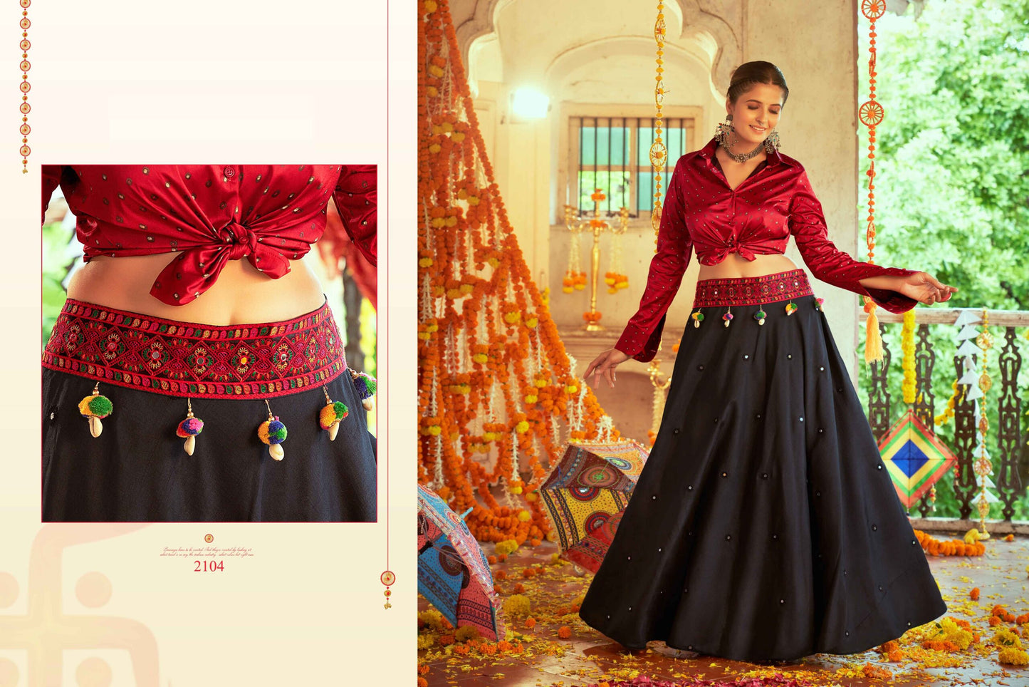 Maroon Gajji Silk Prined Work Navratri Crop-Top Skirt-SSBIKLL01