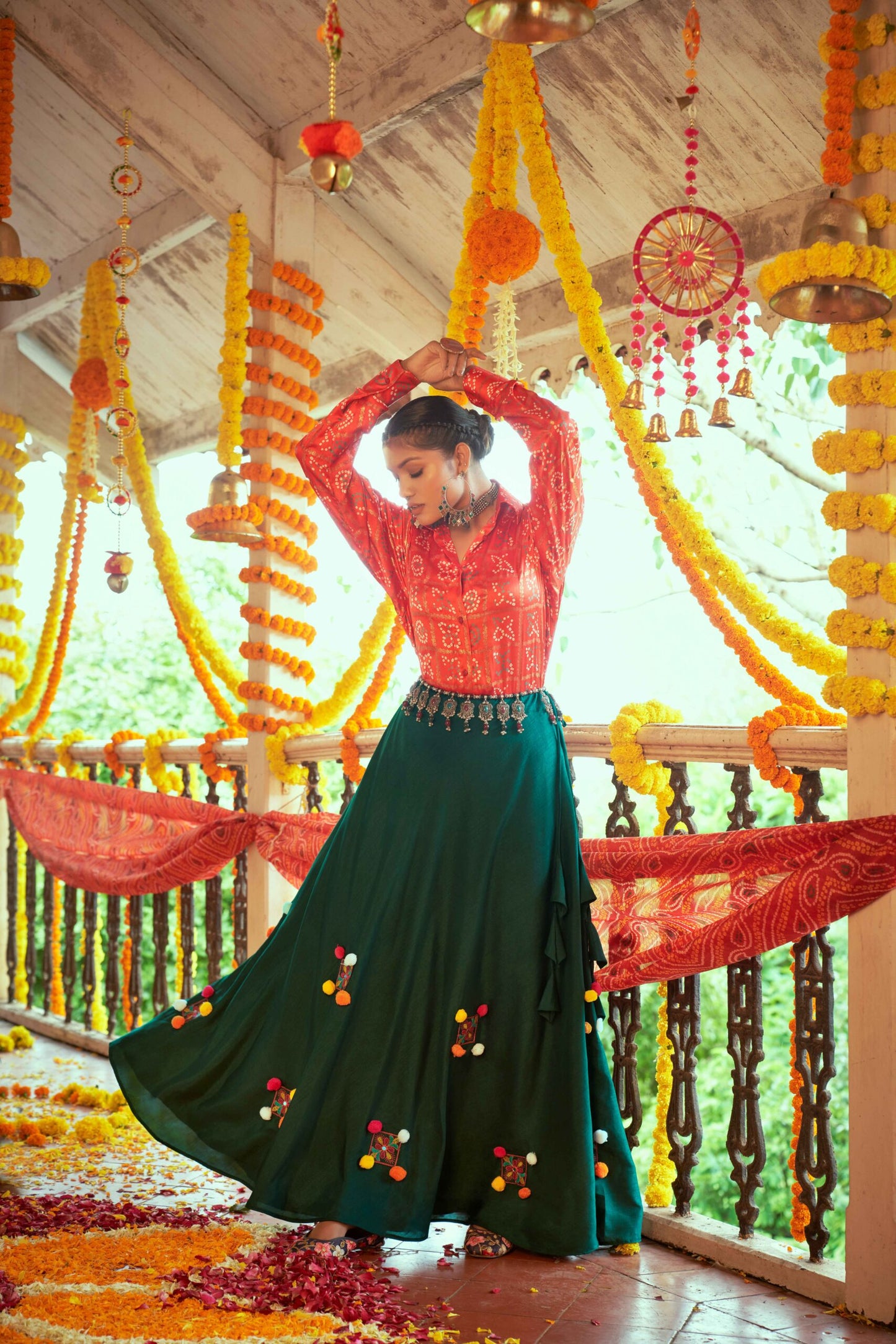 Tomato Red Gajji Silk Prined Work Navratri Crop-Top Skirt-SSBIKLL01