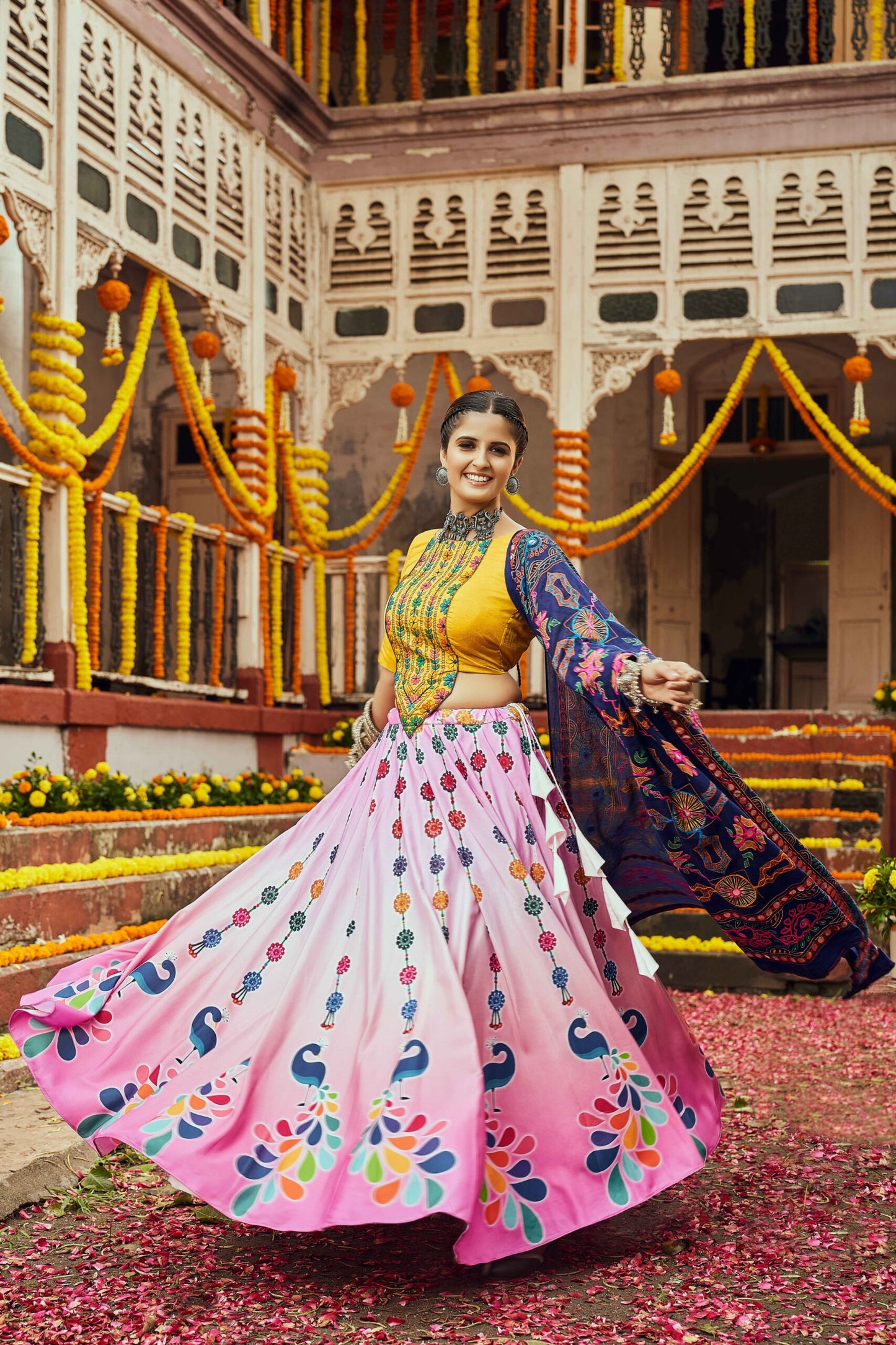 Pink Maslin Cotton Digital Printed Mirror Pasting Navratri Lehenga-SSBIKLL01