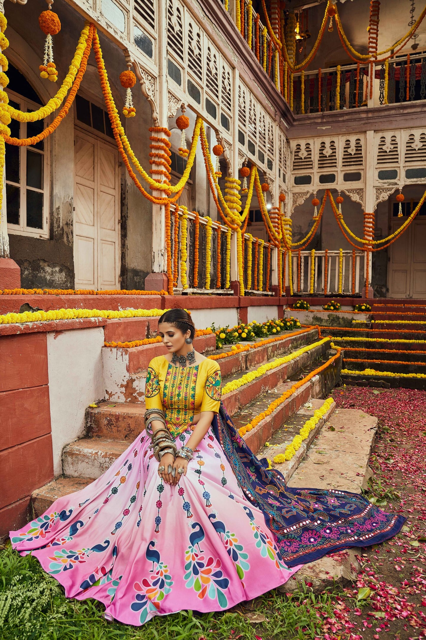 Pink Maslin Cotton Digital Printed Mirror Pasting Navratri Lehenga-SSBIKLL01