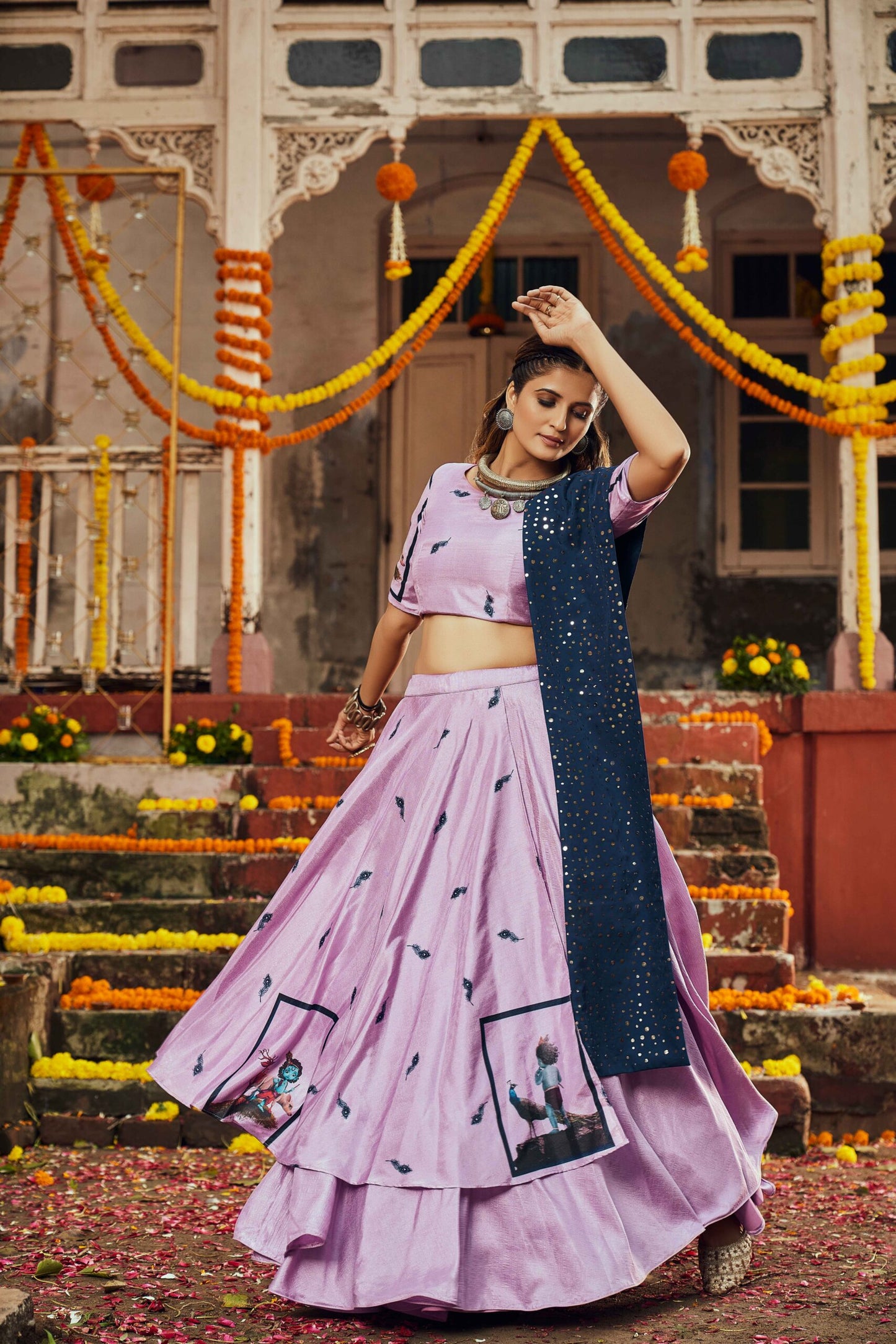 Dusty Pink Silk Digital Printed Work Navratri Lehenga-SSBIKLL01