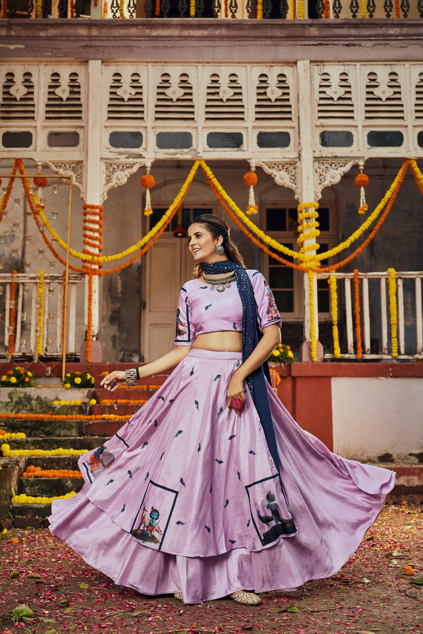 Dusty Pink Silk Digital Printed Work Navratri Lehenga-SSBIKLL01