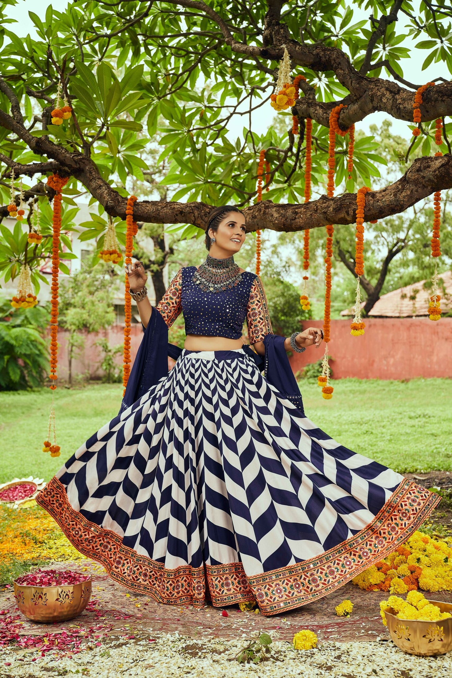 White & Navy Maslin Cotton Digital Printed Navratri Lehenga-SSBIKLL01