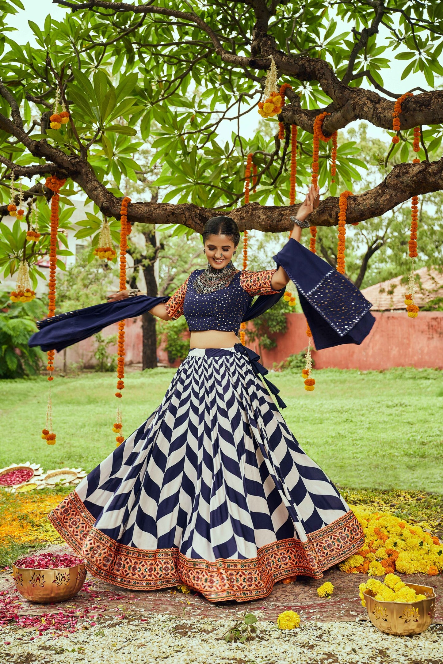 White & Navy Maslin Cotton Digital Printed Navratri Lehenga-SSBIKLL01