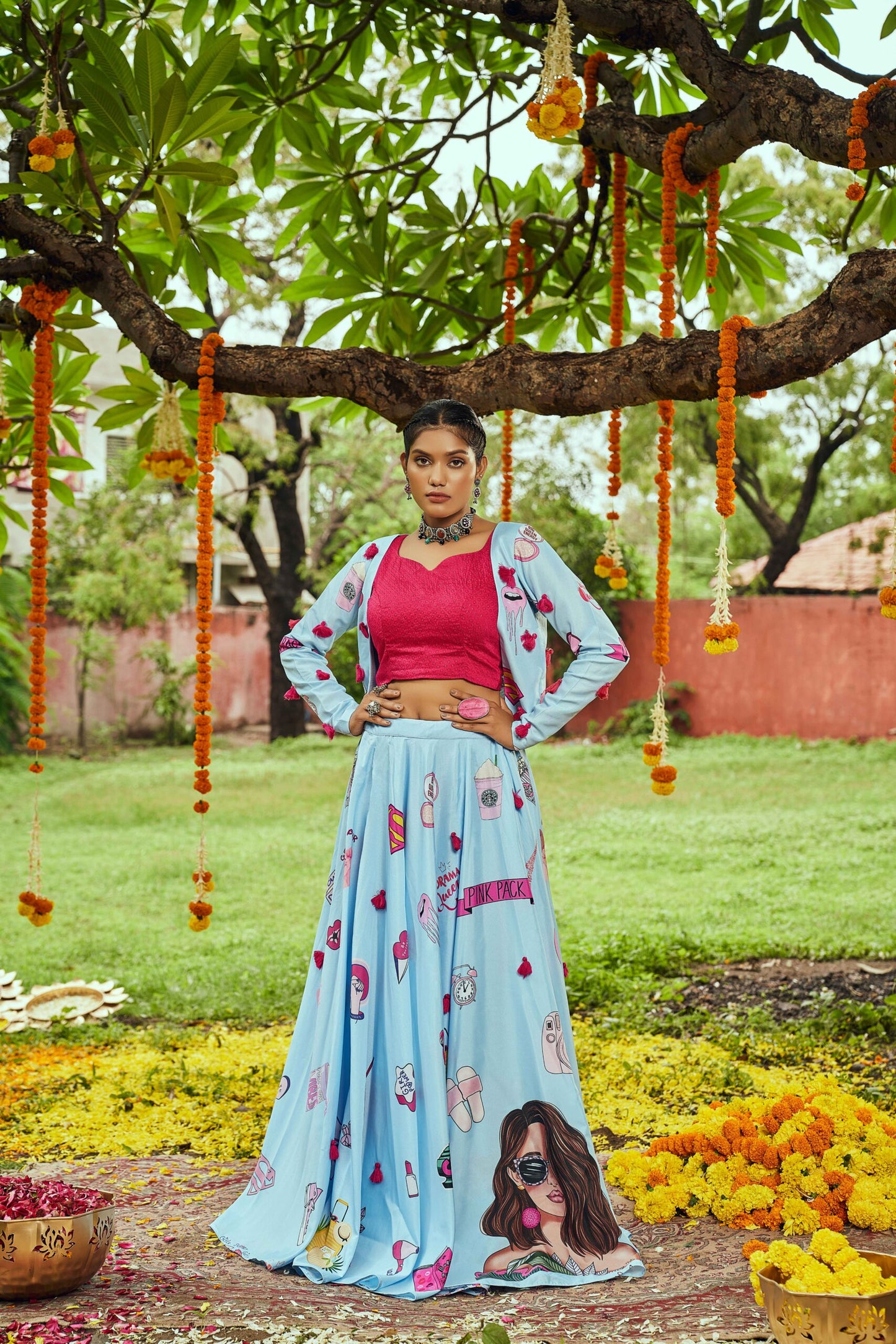 Sky Maslin Cotton Digital Printed With Tessals Pasting Work Navratri Lehenga-SSBIKLL01