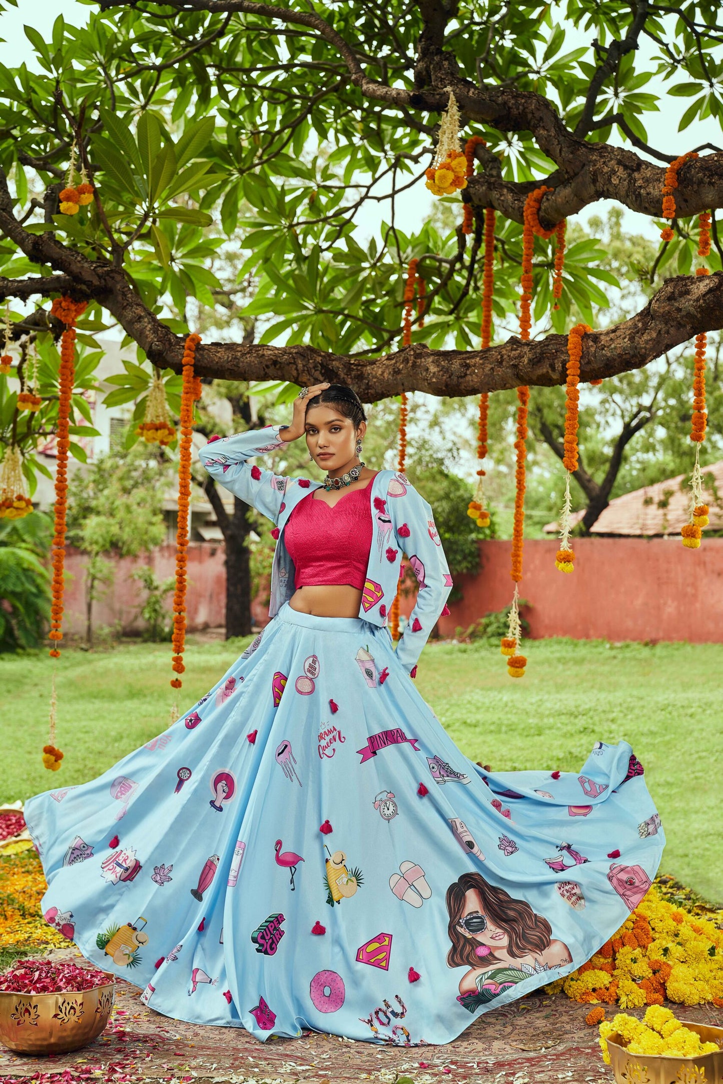 Sky Maslin Cotton Digital Printed With Tessals Pasting Work Navratri Lehenga-SSBIKLL01