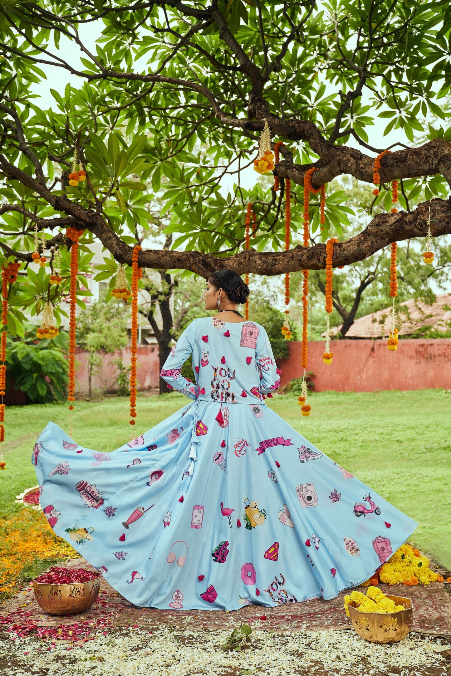 Sky Maslin Cotton Digital Printed With Tessals Pasting Work Navratri Lehenga-SSBIKLL01