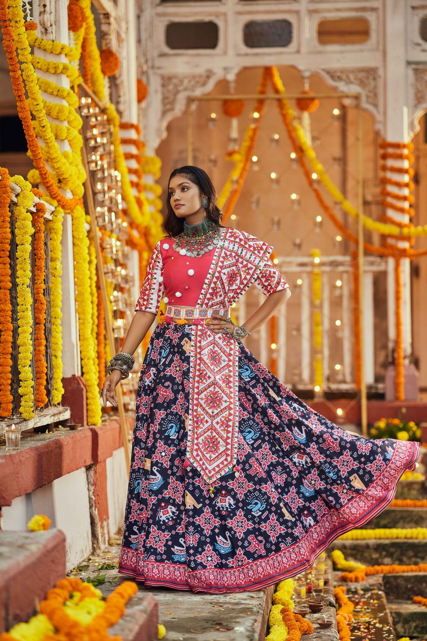 Black Maslin Cotton Digital Printed Work Navratri Lehenga-SSBIKLL01