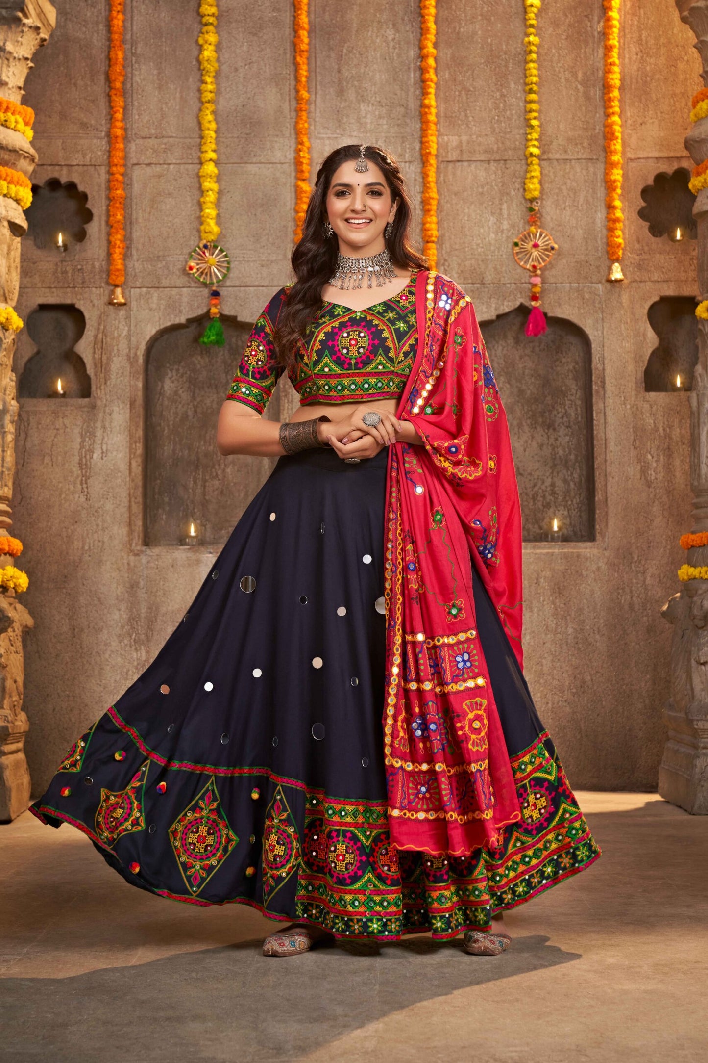 Navy Blue Rayon Embroidered With Mirror Work Navratri Chaniya Choli-SSBIKLL01