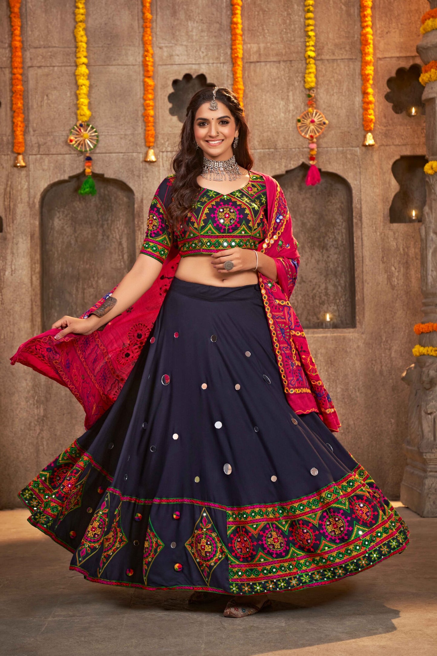 Navy Blue Rayon Embroidered With Mirror Work Navratri Chaniya Choli-SSBIKLL01