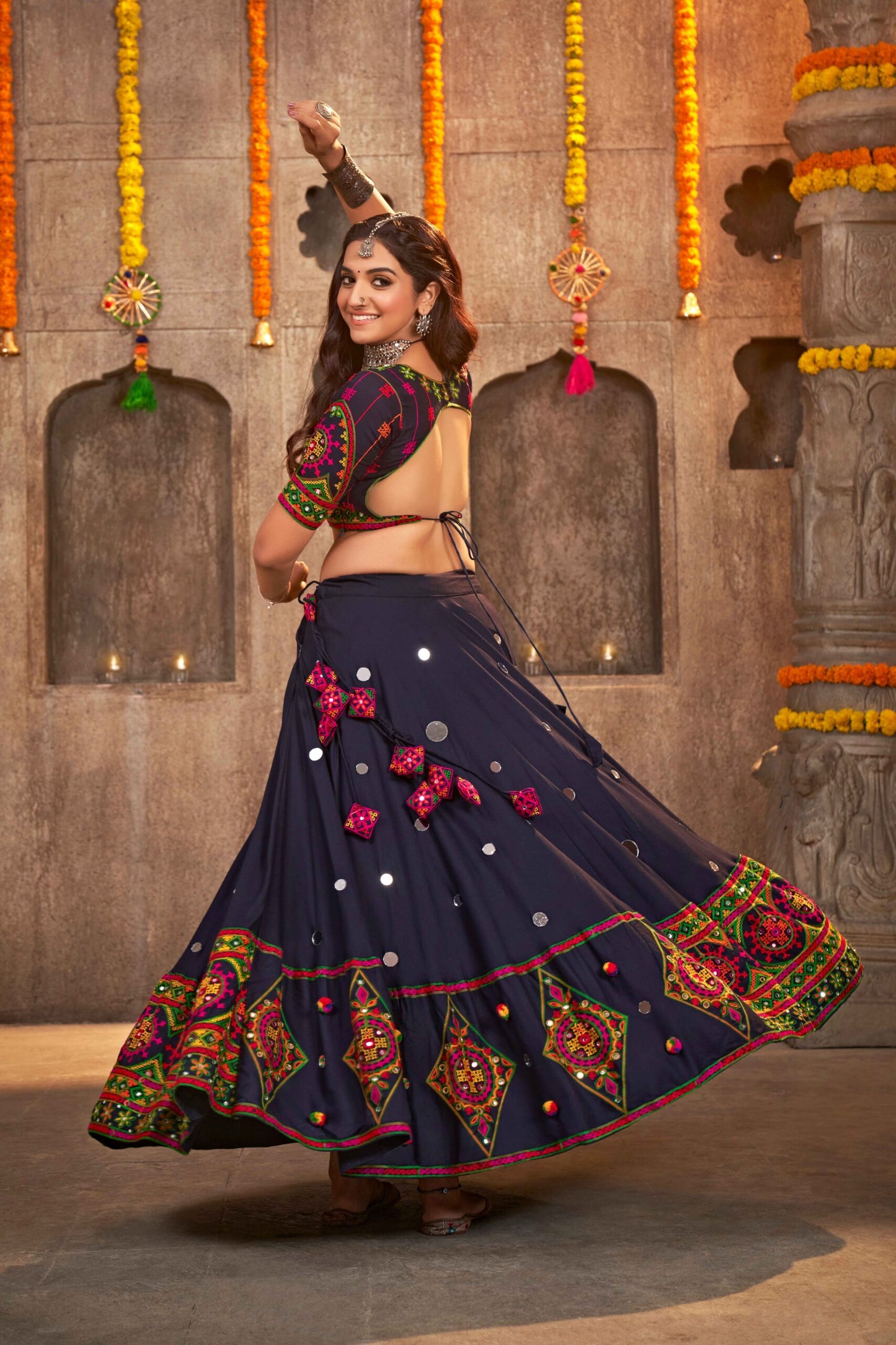 Navy Blue Rayon Embroidered With Mirror Work Navratri Chaniya Choli-SSBIKLL01