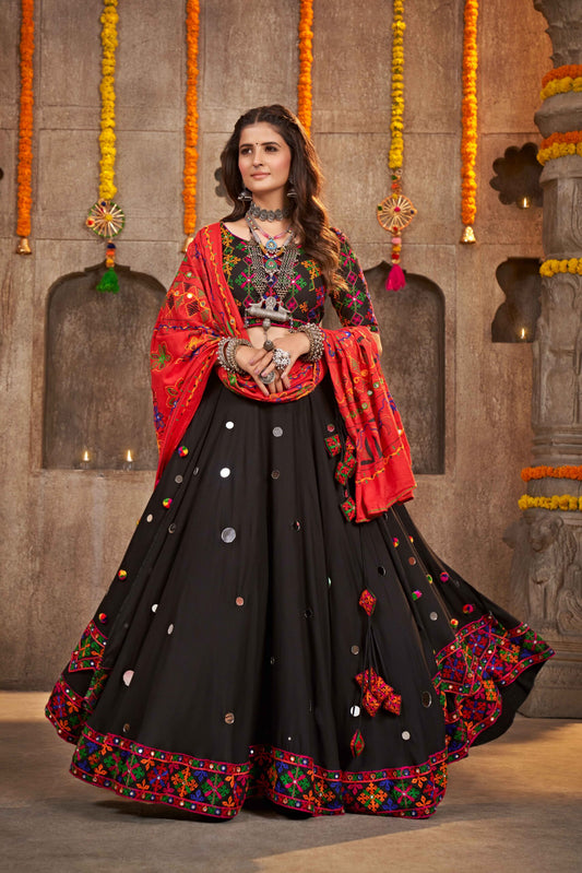 Black Designer Mirror Work With Embroidered Chaniya Choli For Navratri Festival-SSBIKLL01