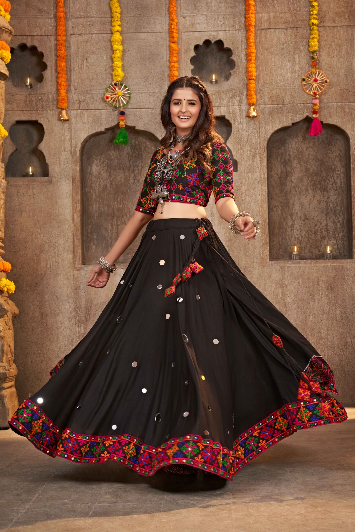 Black Designer Mirror Work With Embroidered Chaniya Choli For Navratri Festival-SSBIKLL01