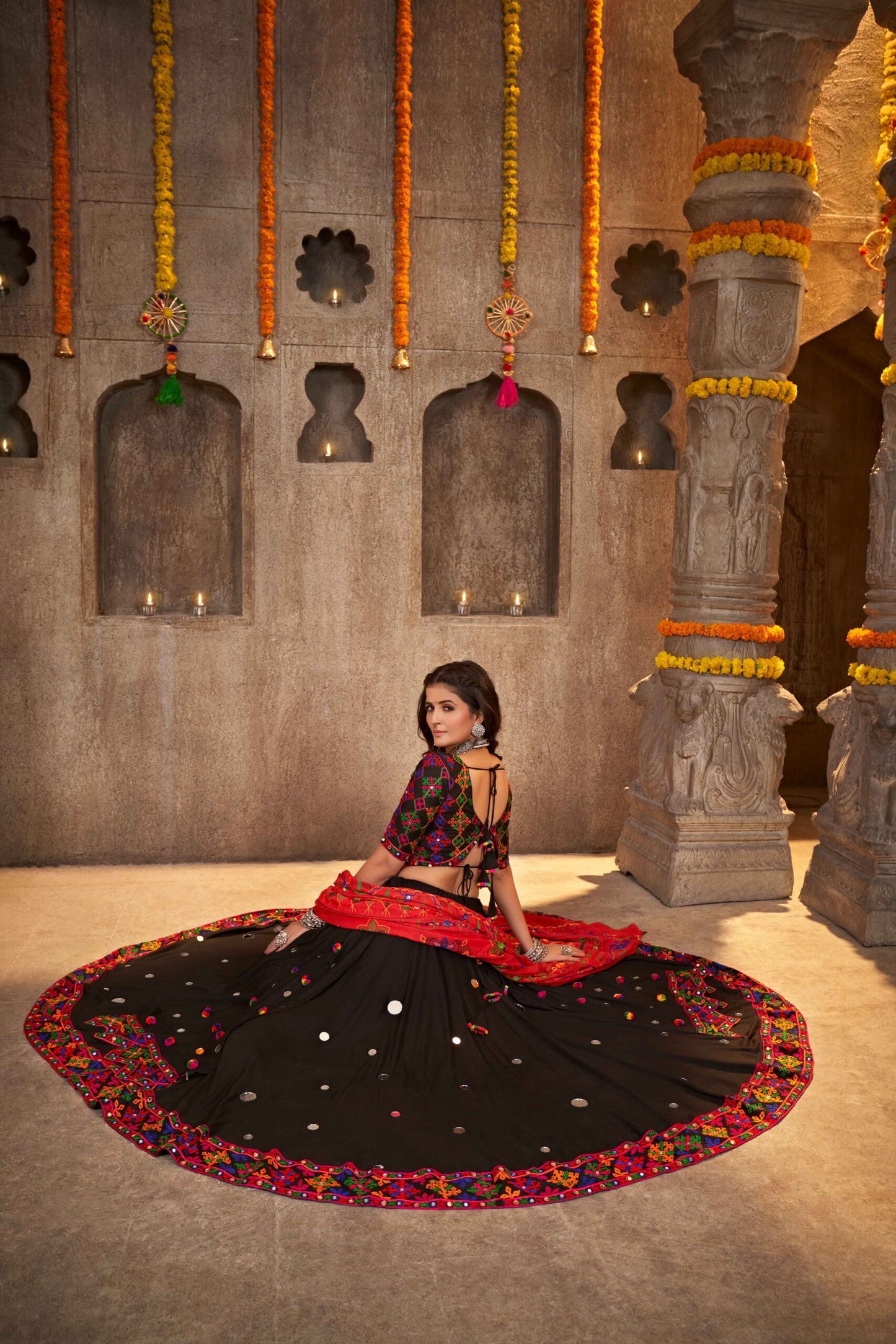 Black Designer Mirror Work With Embroidered Chaniya Choli For Navratri Festival-SSBIKLL01