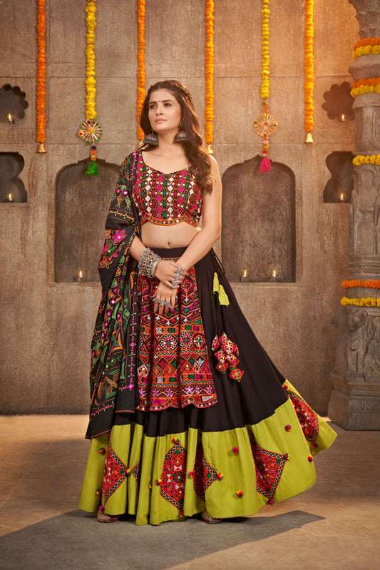 Black And Green Designer Embroidered Mirror Work Navratri Chaniya Choli-SSBIKLL01