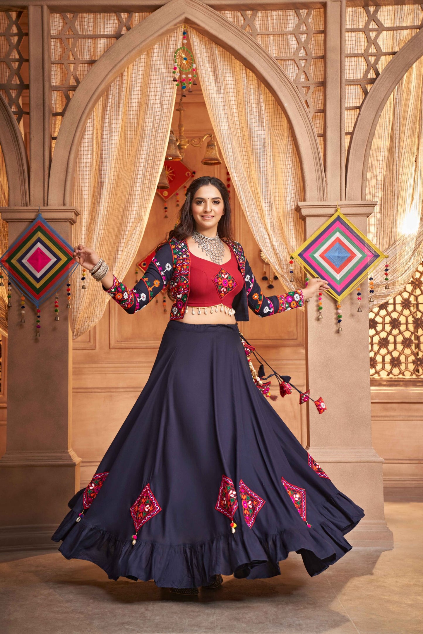 Navy Blue Stylish Embroidered Koti Style Chaniya Choli Latest Fashion Navratri Collection-SSBIKLL01