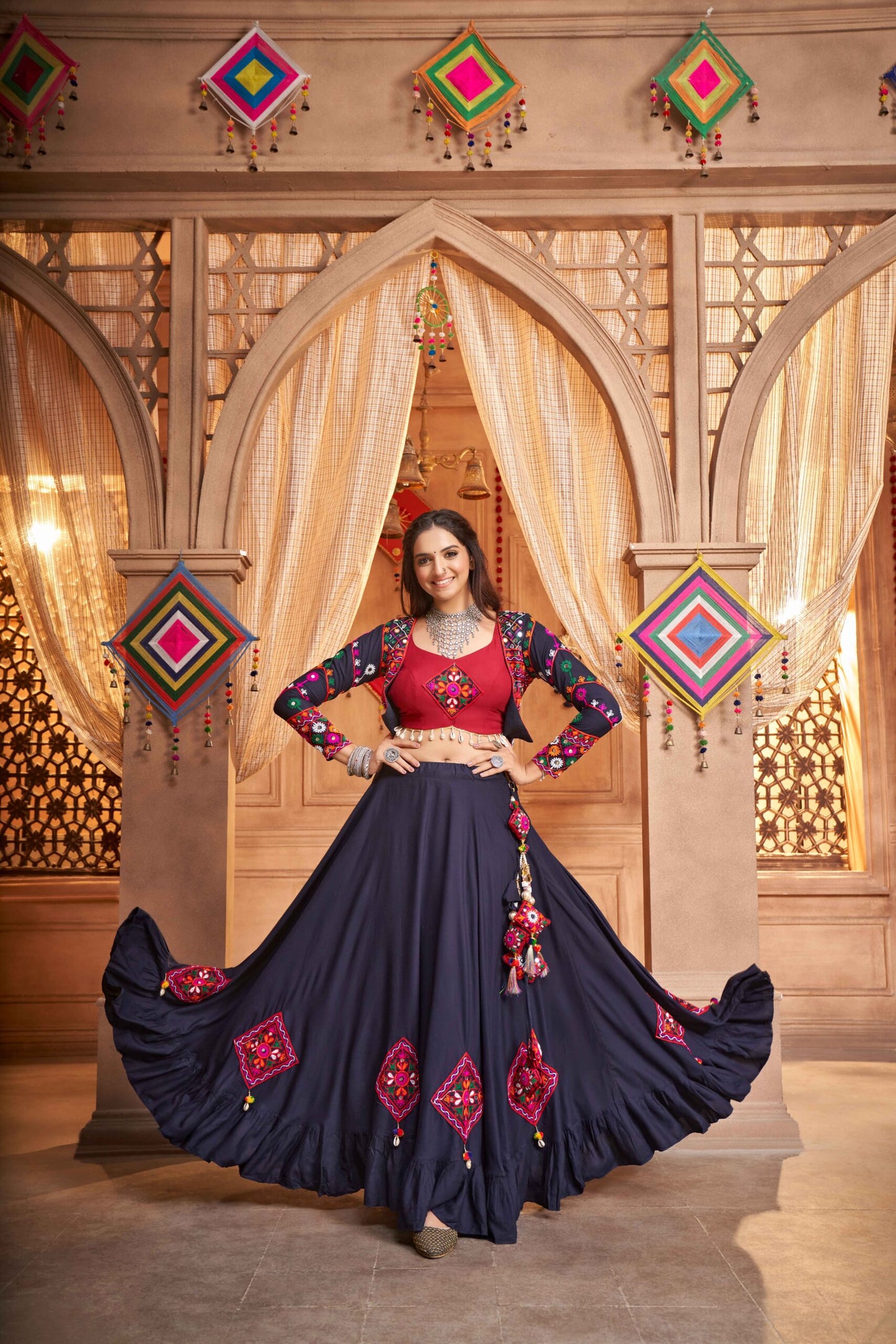 Navy Blue Stylish Embroidered Koti Style Chaniya Choli Latest Fashion Navratri Collection-SSBIKLL01