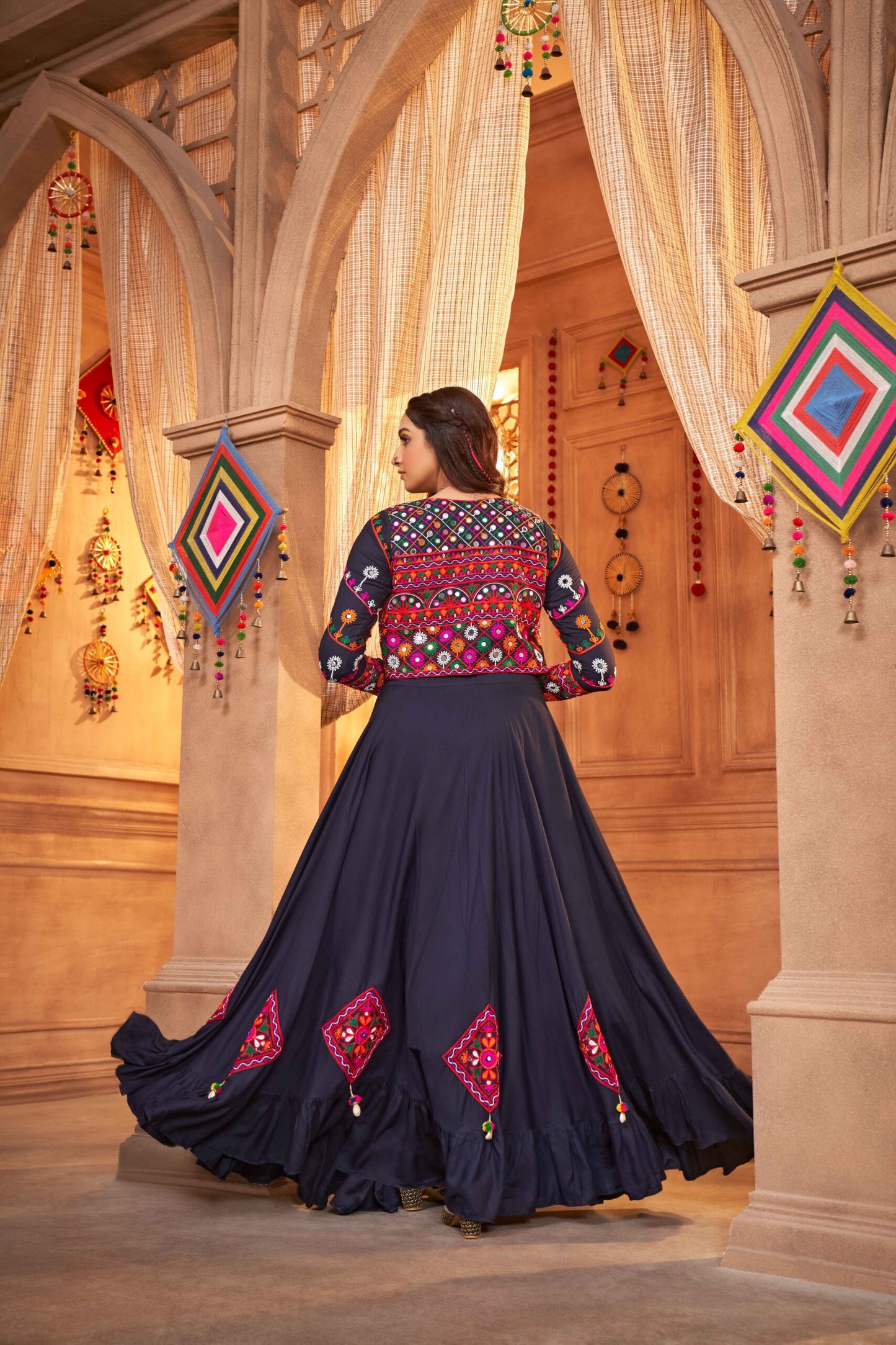 Navy Blue Stylish Embroidered Koti Style Chaniya Choli Latest Fashion Navratri Collection-SSBIKLL01