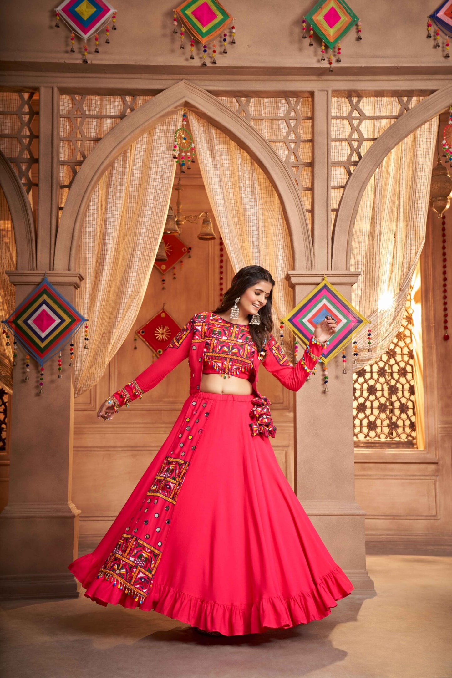 Rani Pink Embroidered Koti Style Chaniya Choli For Indian Festival Navratri-SSBIKLL01