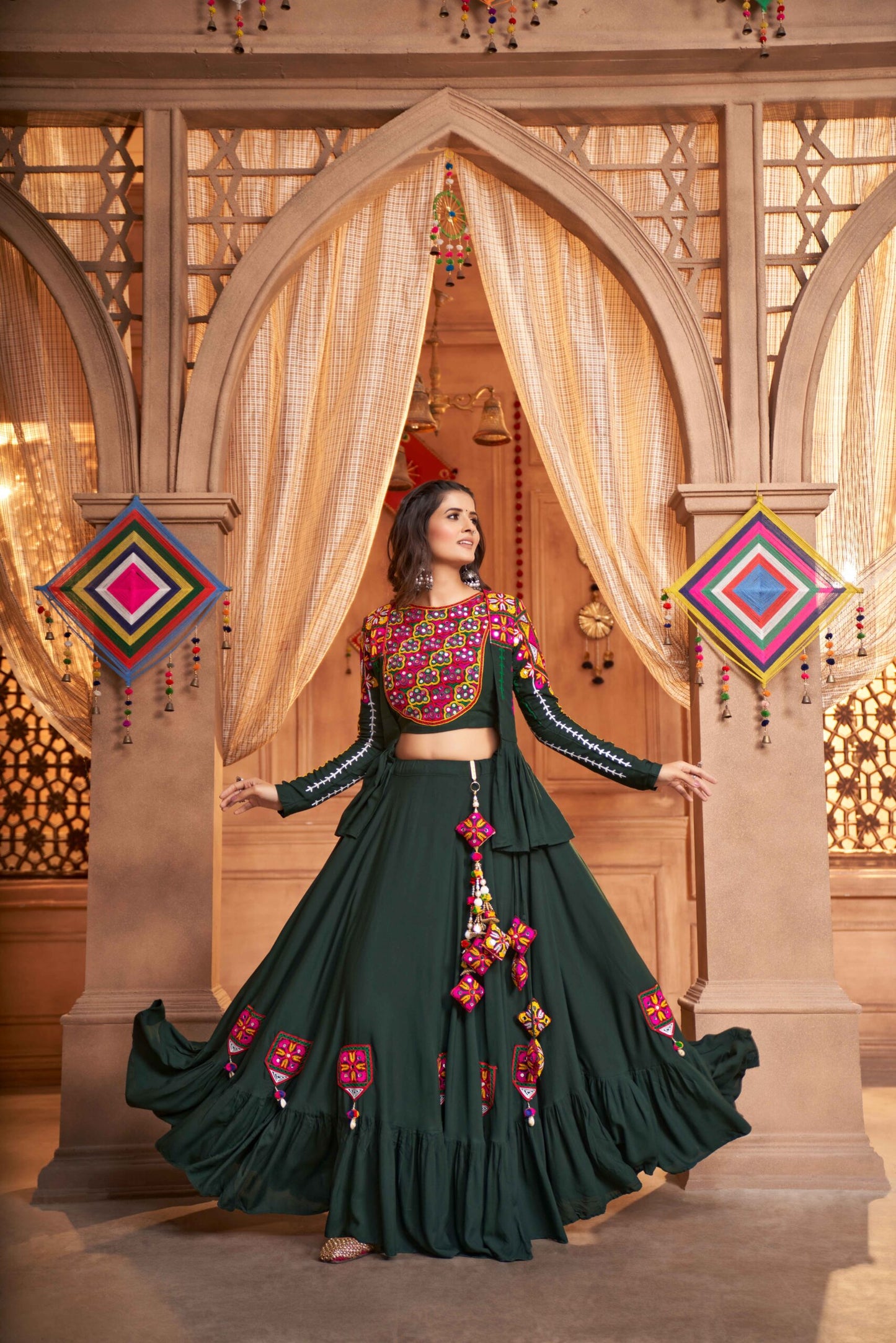 Green Viscose Rayon Embroidered Mirror Work Navratri Festival Chaniya Choli Collection-SSBIKLL01