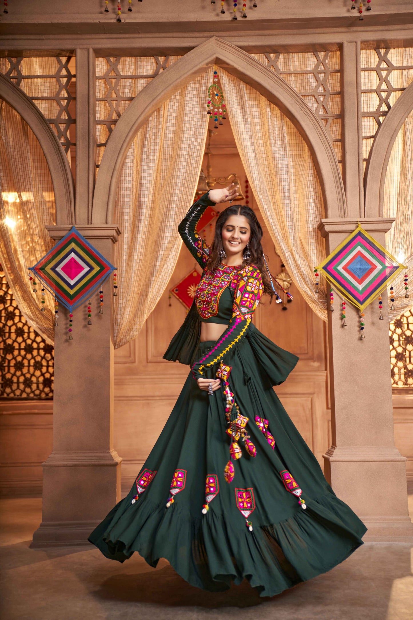 Green Viscose Rayon Embroidered Mirror Work Navratri Festival Chaniya Choli Collection-SSBIKLL01