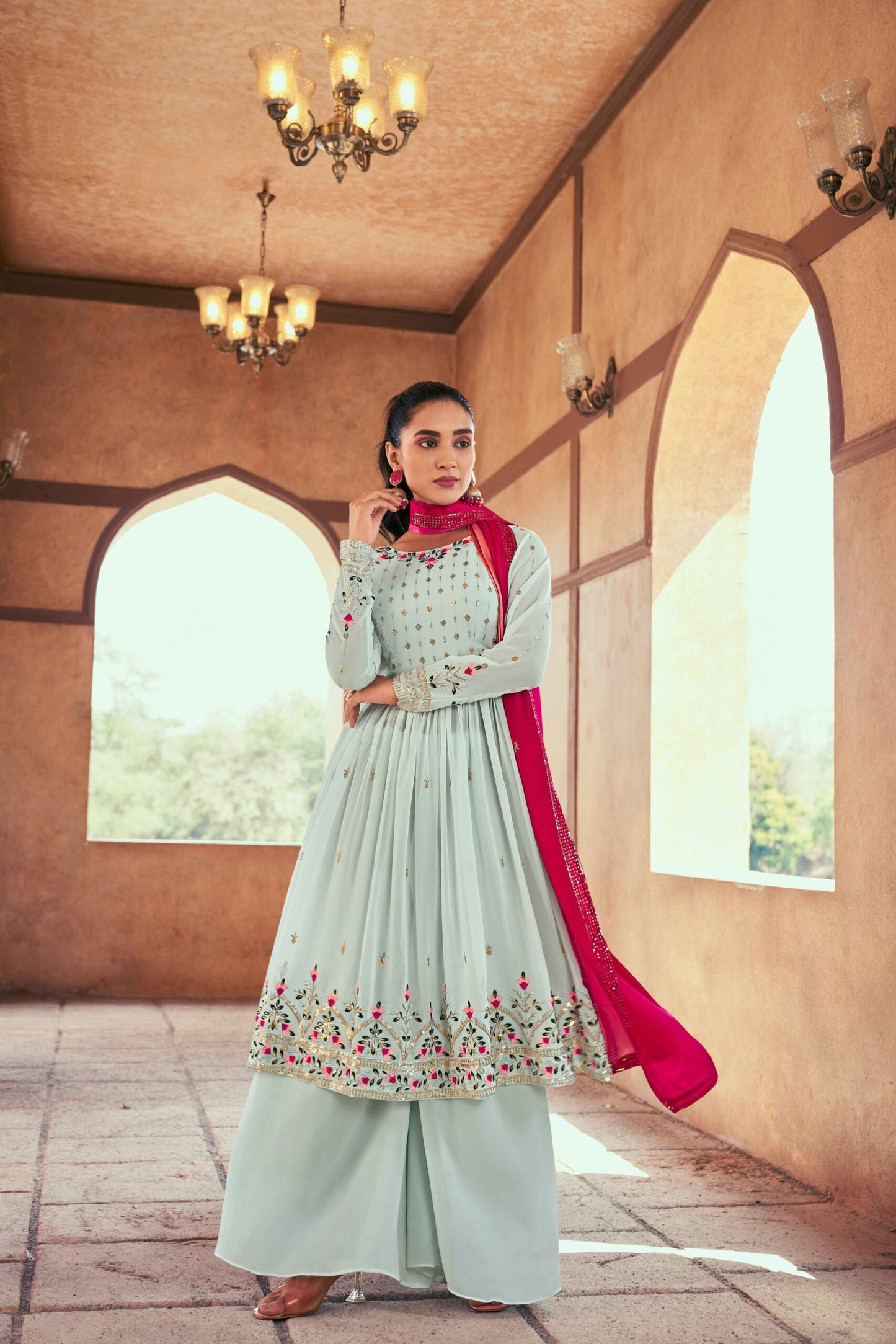 Sky Georgette Thread And Sequins Embroidered Kurta Palazzo With Dupatta