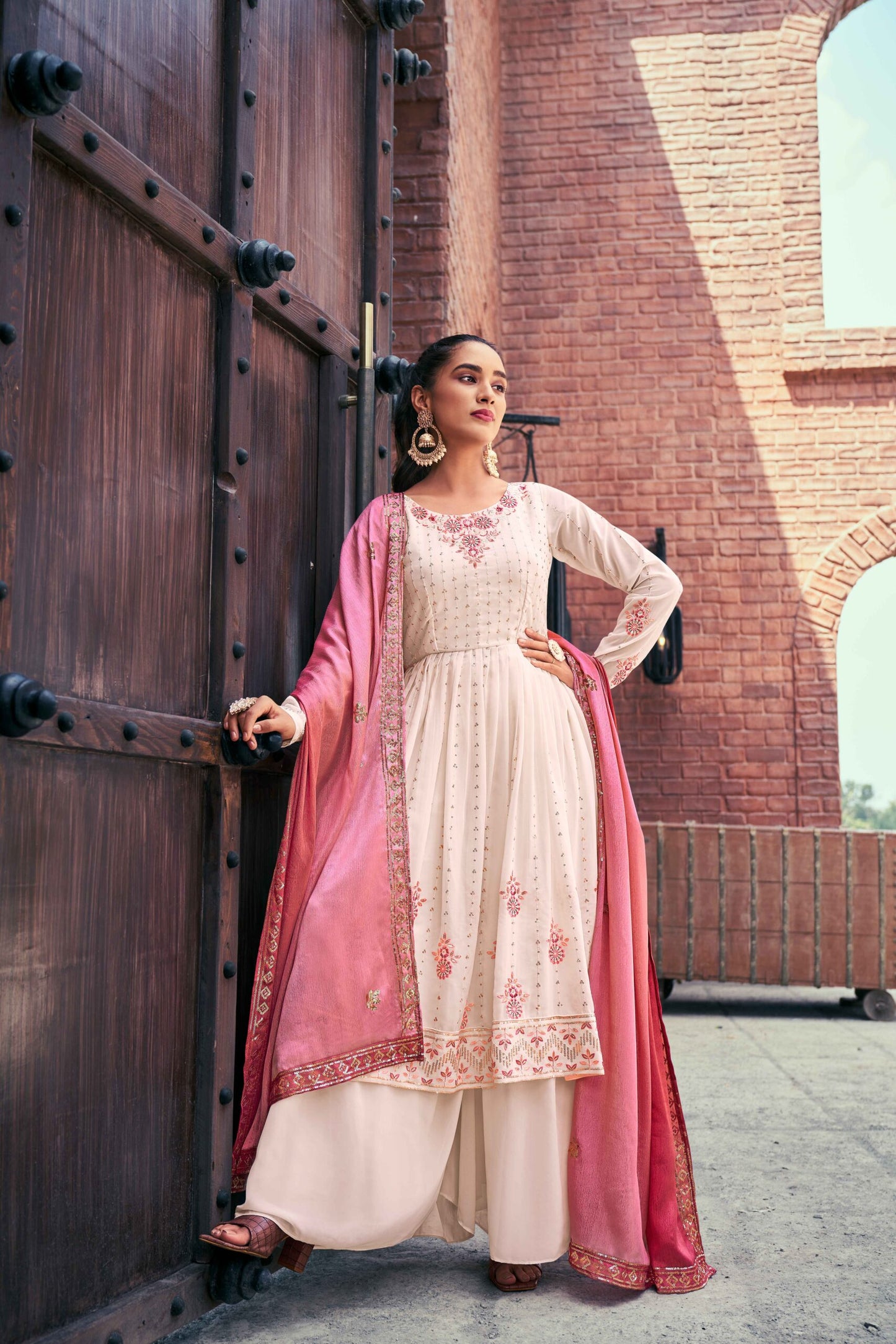 Chiku Georgette Thread And Sequins Embroidered Kurta Palazzo With Dupatta