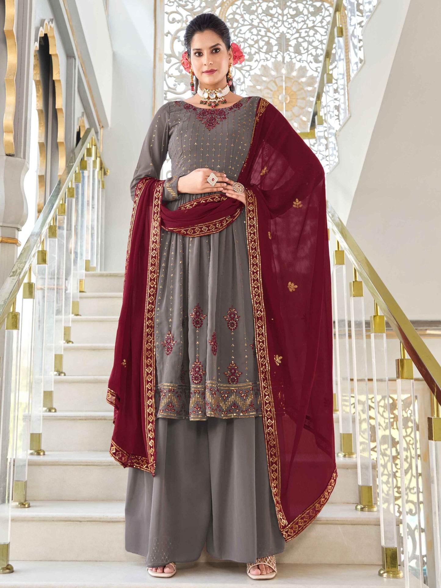 Grey Georgette Thread And Sequins Embroidered Kurta Palazzo Set